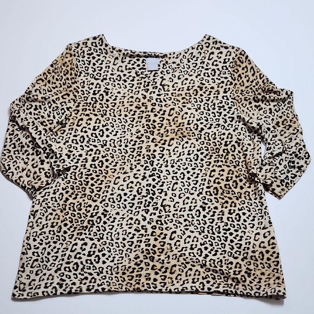 Chico’s Leopard Print 3/4 Sleeve Top Women’s Size 3 (XL/16) Animal Print Stretch